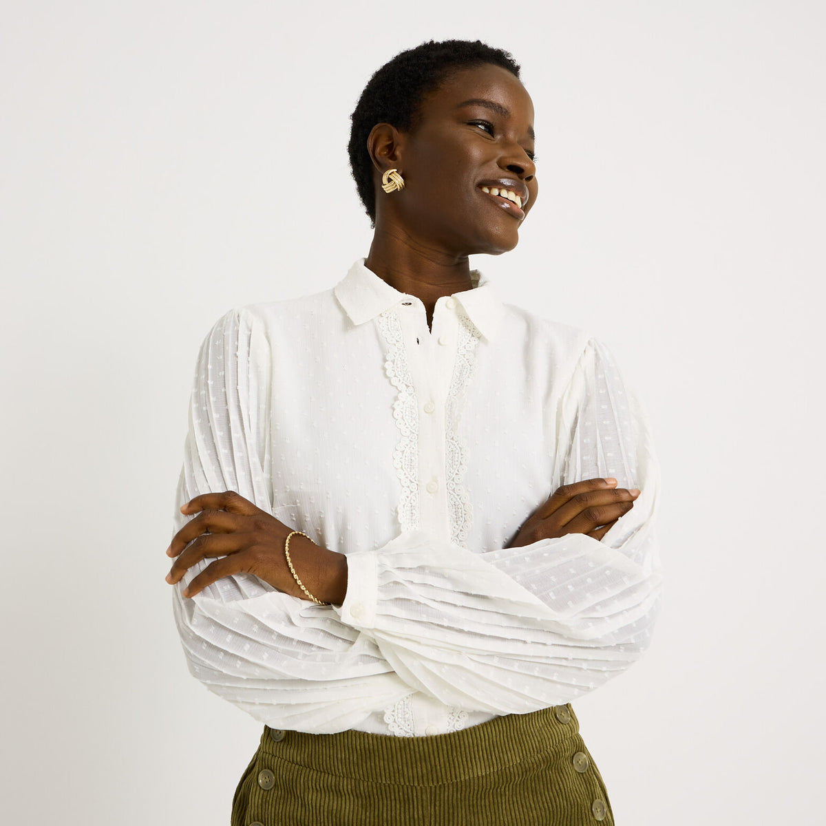 Chemise plumetis manches plissées femme - 1