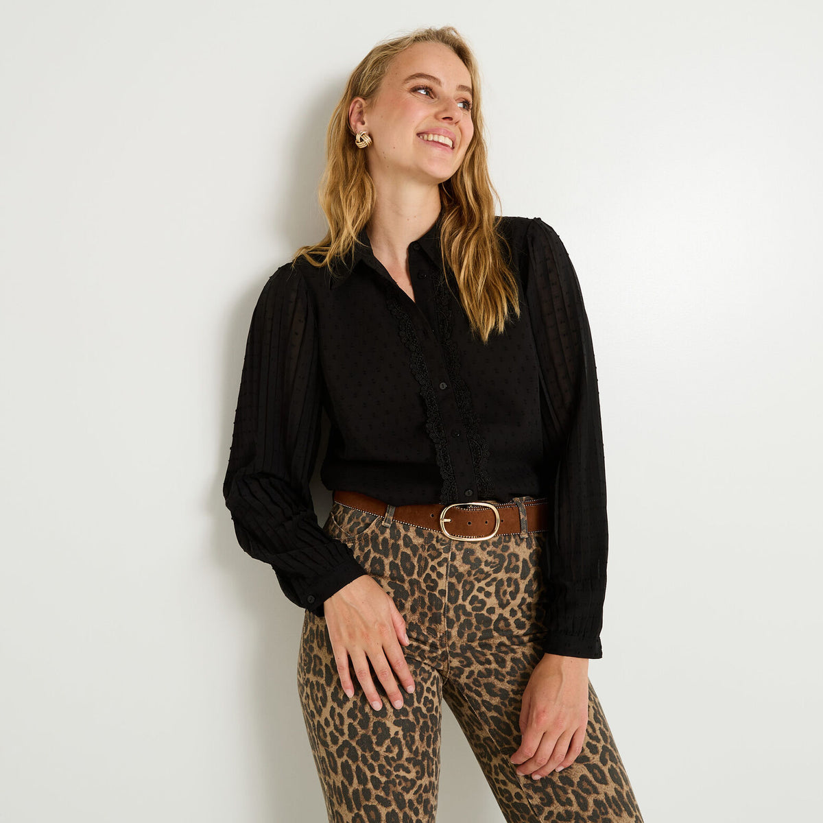 Chemise plumetis manches plissées femme - 1