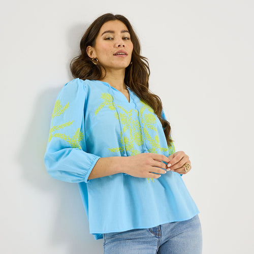 Blouse brodée à col V femme - 1
