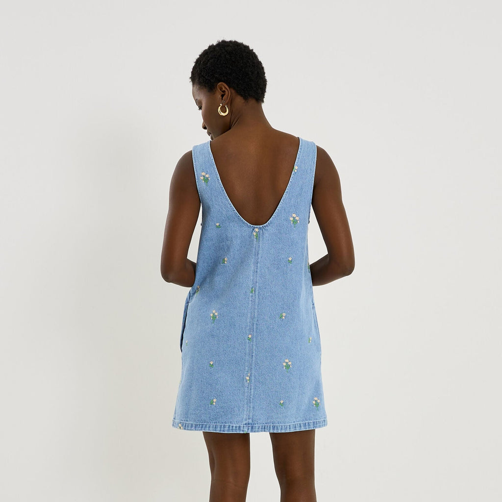 Robe courte en denim broderies florales - 2