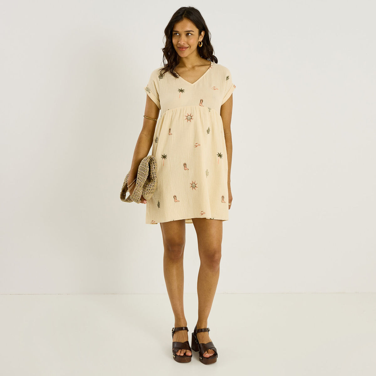 Robe courte brodée en gaze de coton - 1