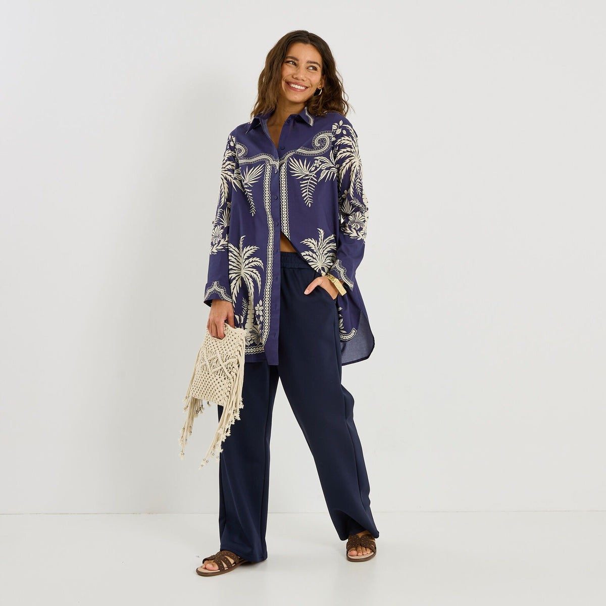 Chemise longue imprimé tropical femme - 1