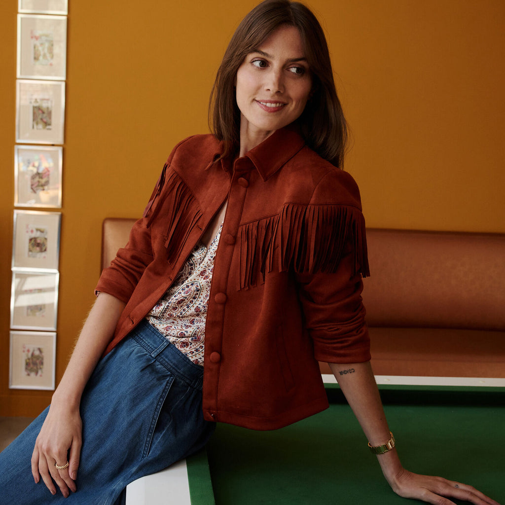 Veste courte en suédine à franges femme - 1
