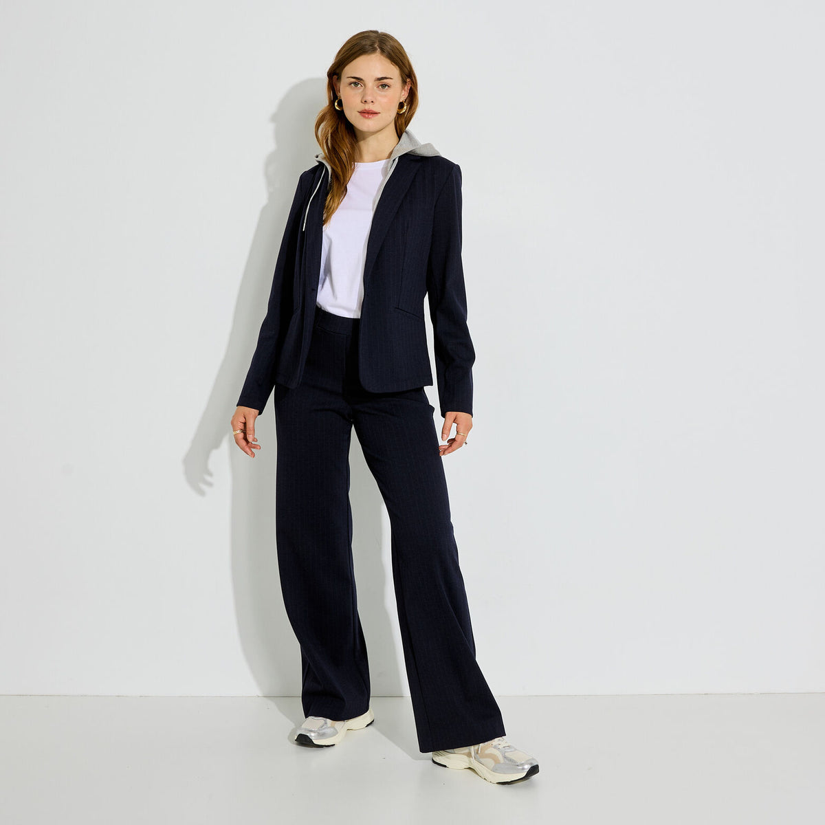 Veste blazer maille rayé à capuche femme - 1