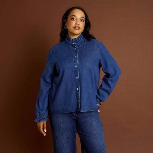 Chemise denim col montant femme - 1