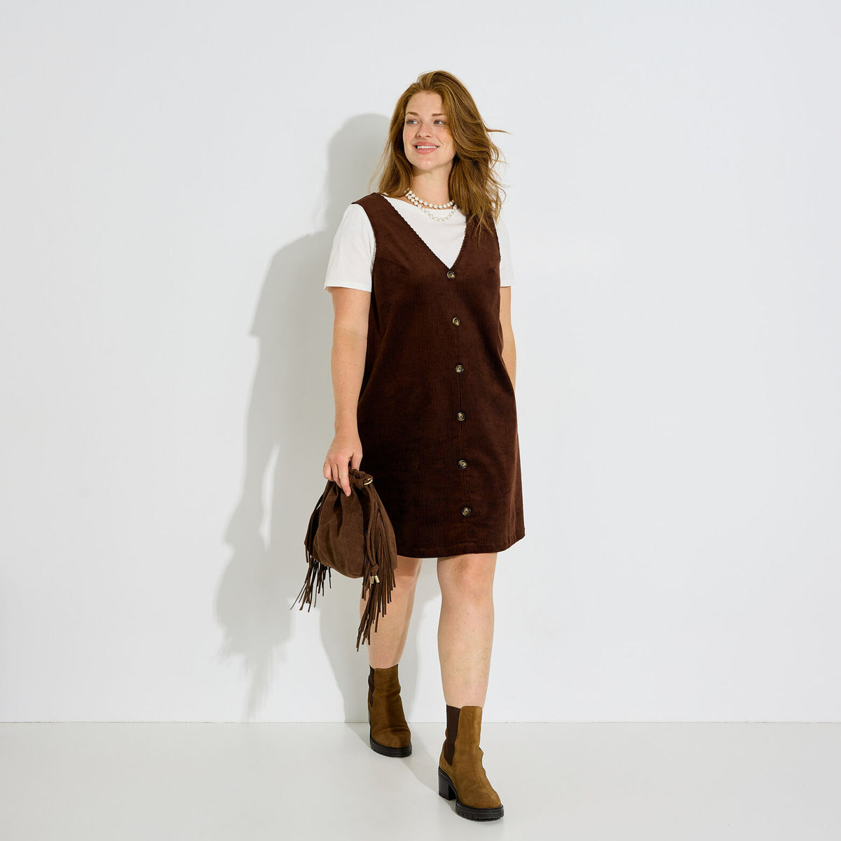 Robe chasuble velours côtelé col V  - 1