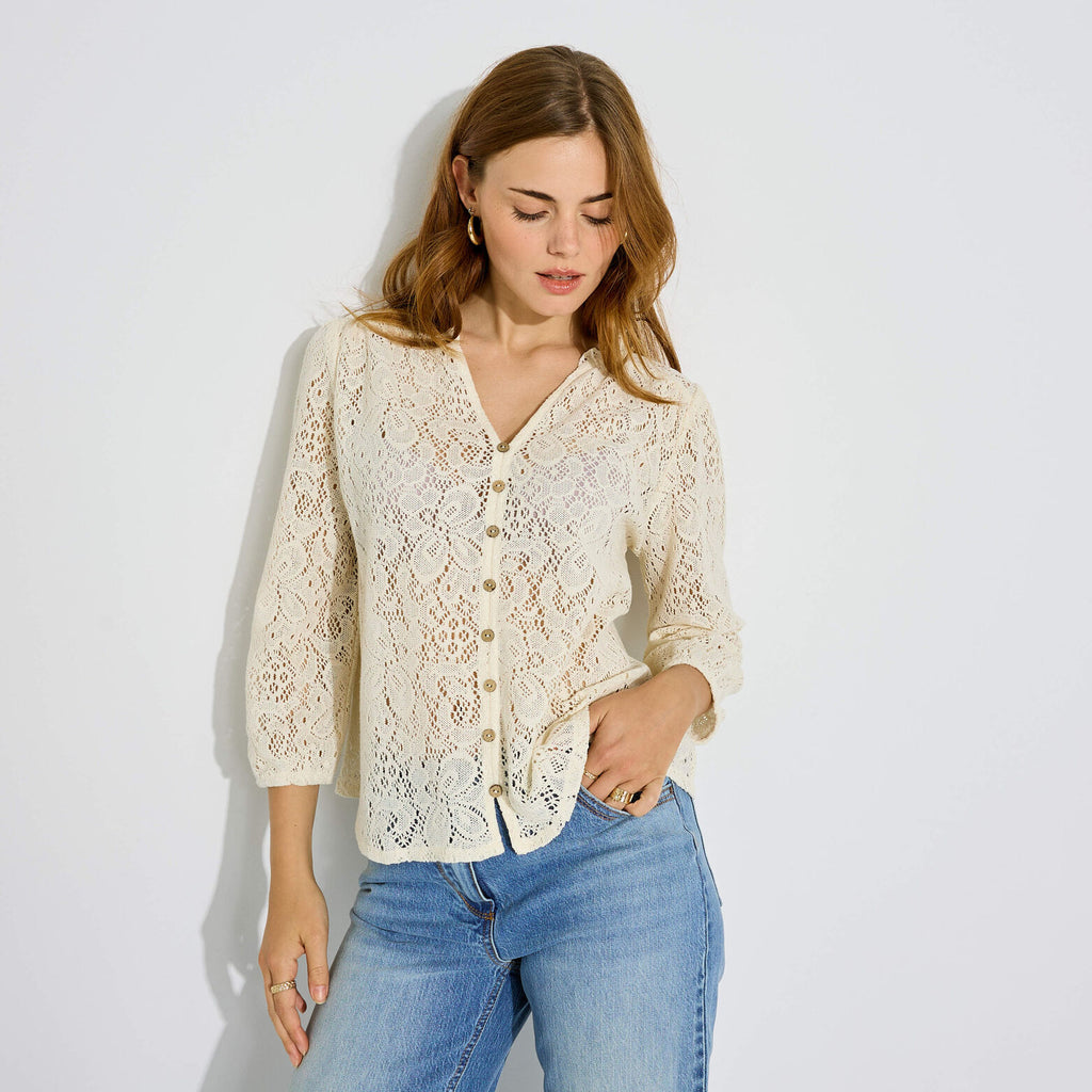 Chemise ajourée manches 3/4 femme - 1