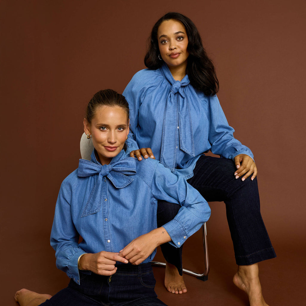 Chemisier denim col lavallière femme - 1
