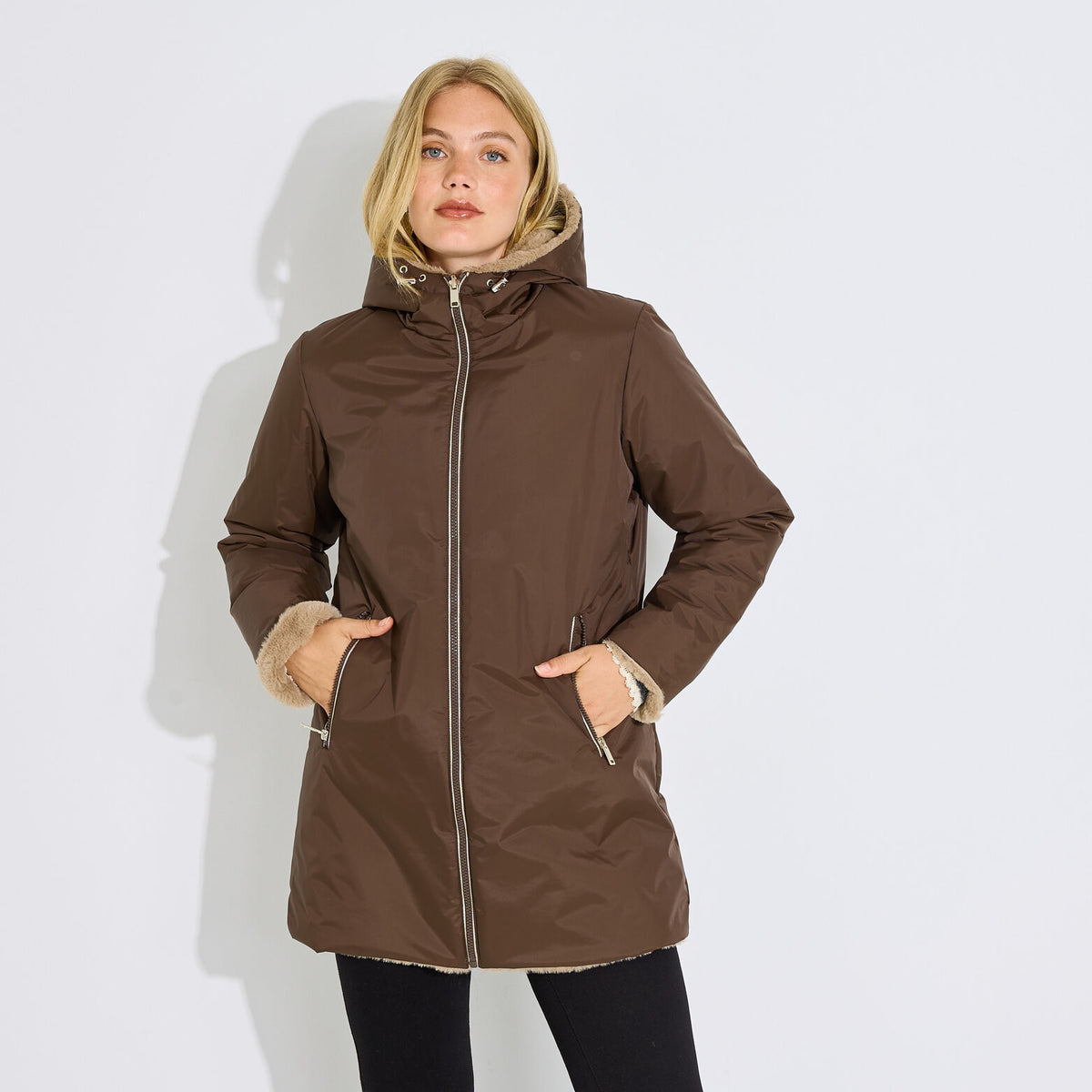 Manteau d'hiver mi-long à capuche femme - 1