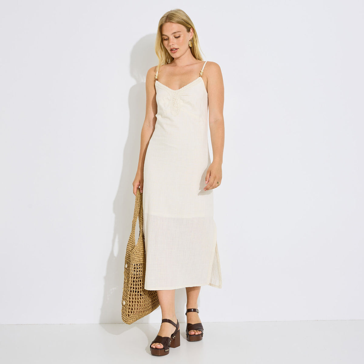 Robe longue unie à fines bretelles - 1