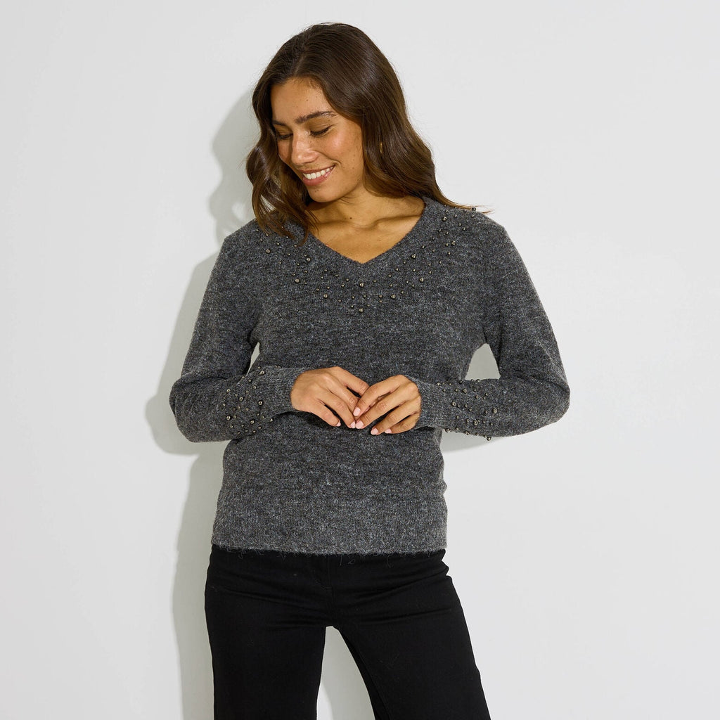 Pull col V perles femme - 1