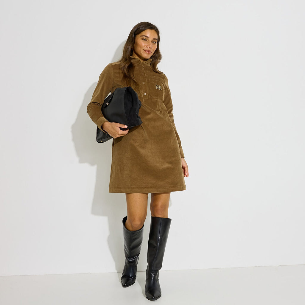 Robe courte velours côtelé col froufrou - 1