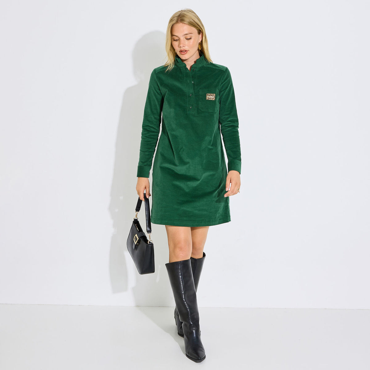Robe courte velours côtelé col froufrou - 1