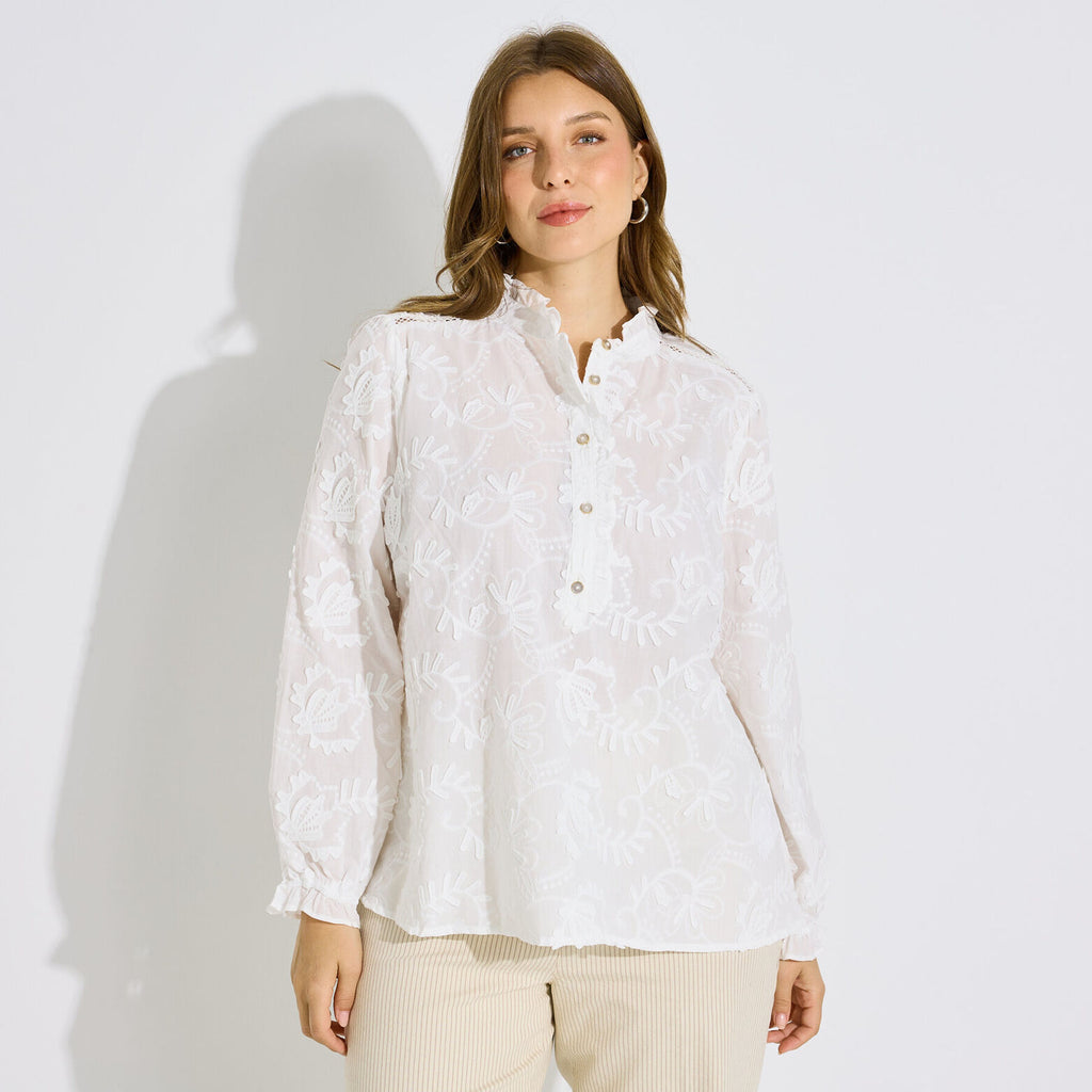 Blouse broderie anglaise col haut femme - 1