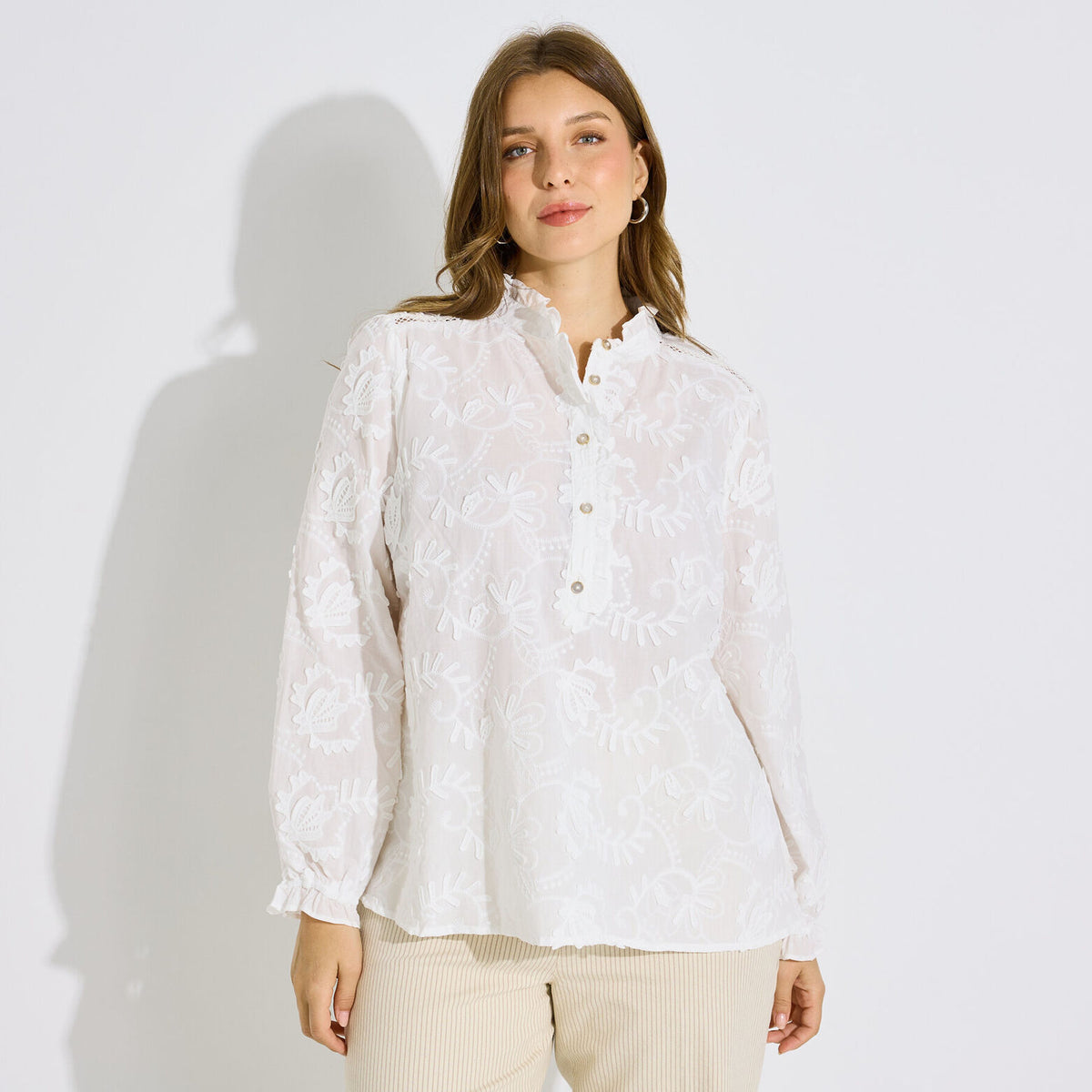 Blouse broderie anglaise col haut femme - 1