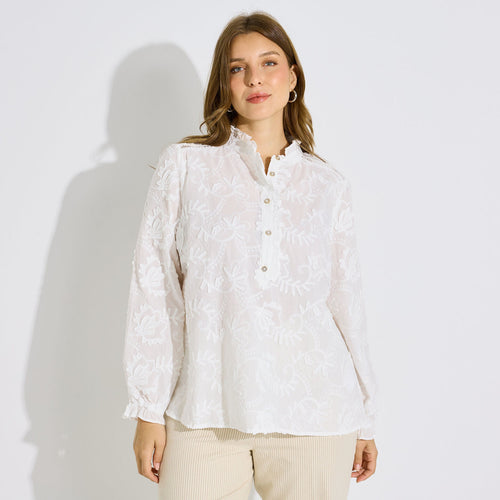 Blouse broderie anglaise col haut femme - 1