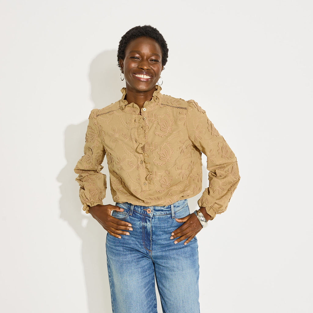 Blouse broderie anglaise col haut femme - 1
