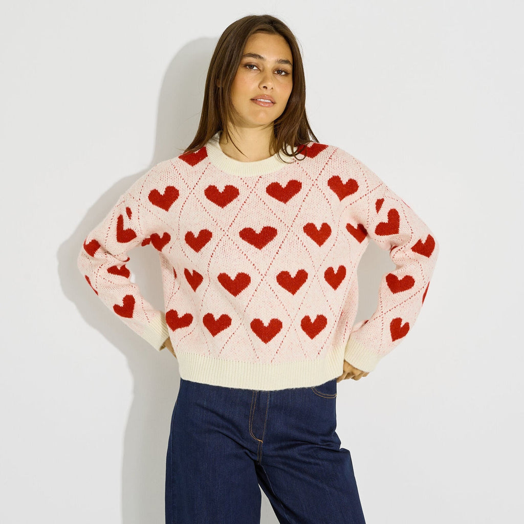 Pull col rond motif cœur femme - 1