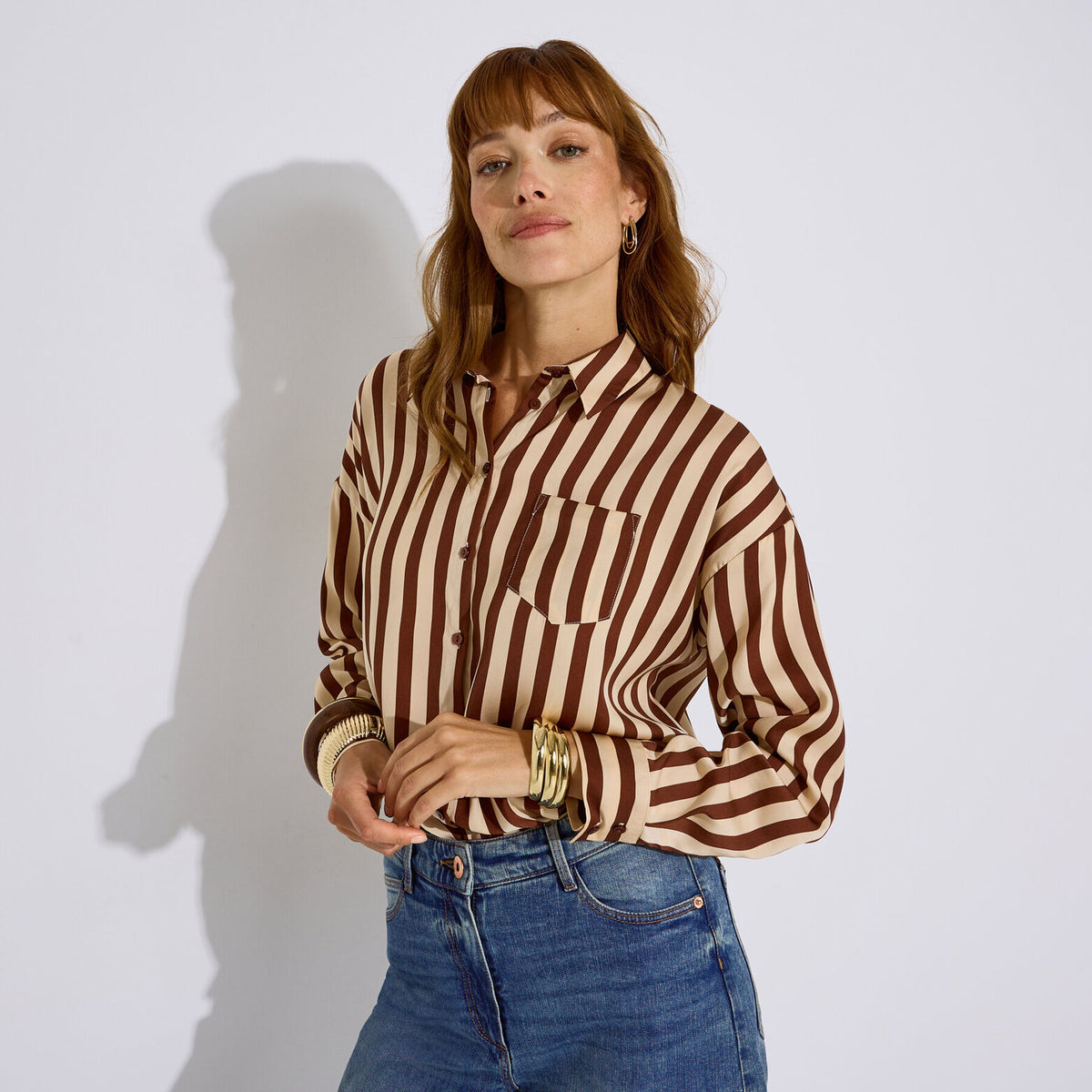 Chemise satinée à rayures femme - 1