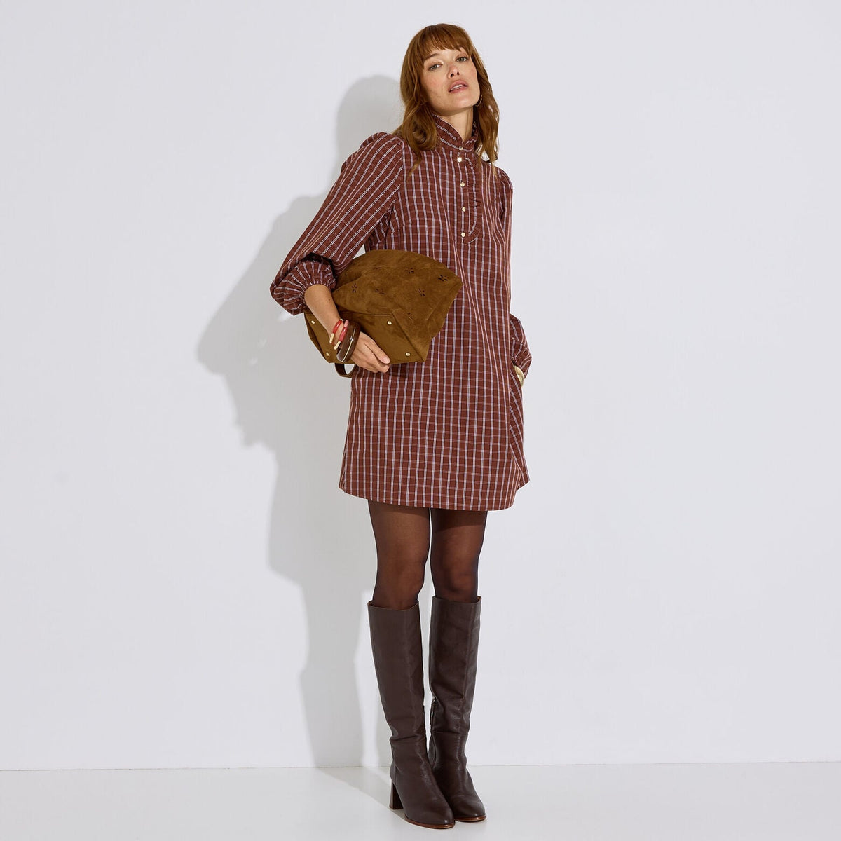 Robe courte à carreaux col volanté femme - 1
